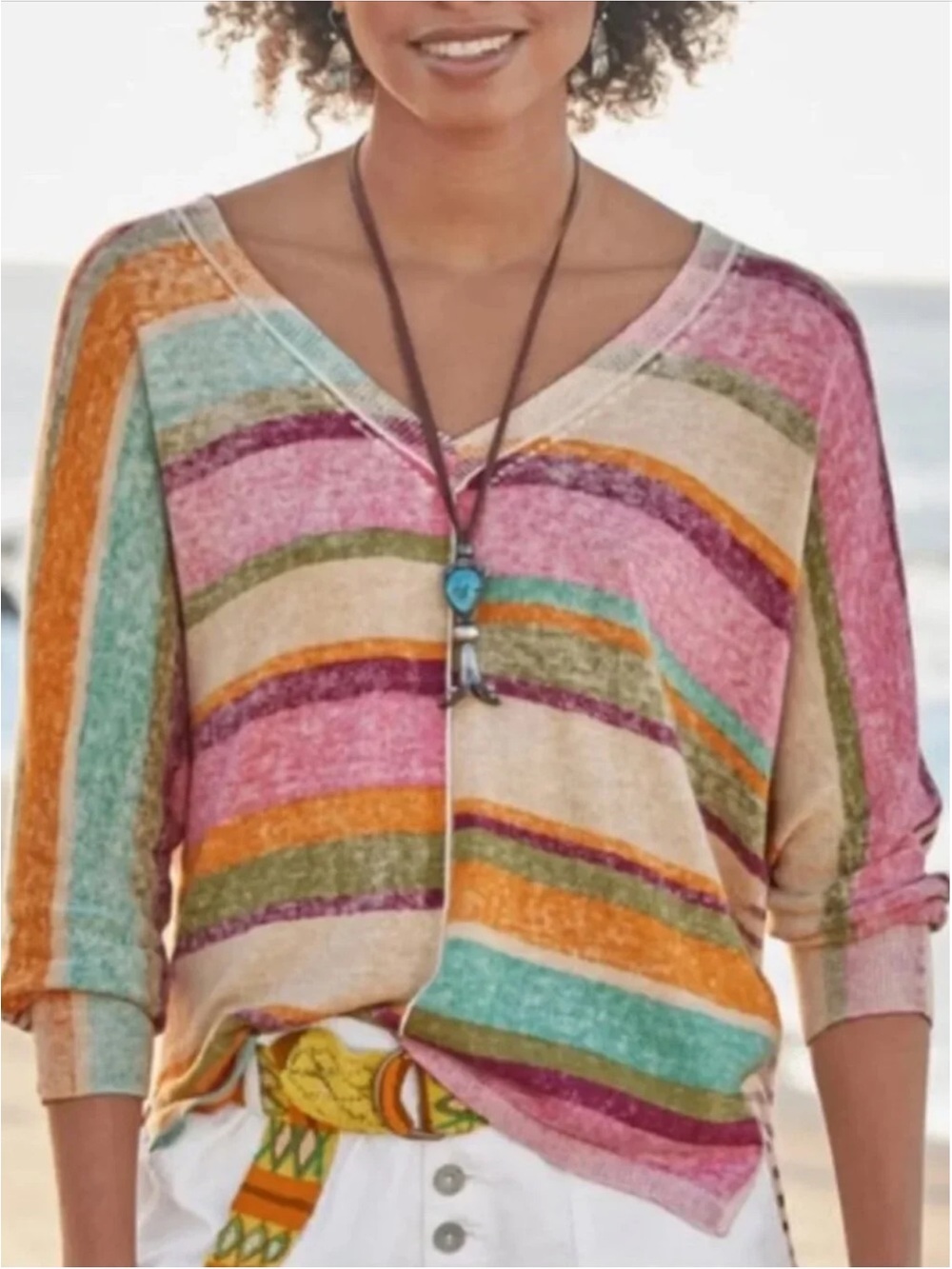 Sundance Johanna Sweater, 3/4 Dolman Sleeve, Colorful Stripes - Womens XXL